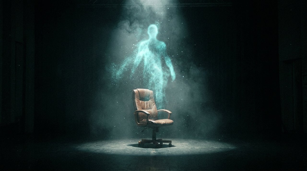Empty office chair with glowing translucent AI humanoid figure forming above it
