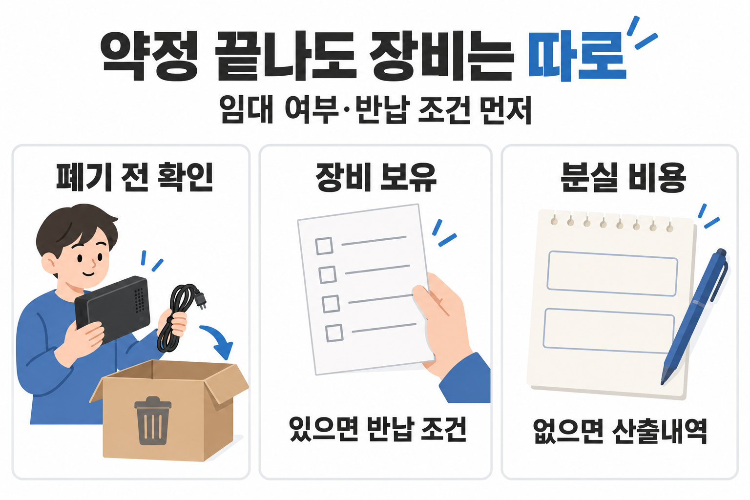 약정 만료 뒤 임대장비를 보관하고 보유·분실에 따라 확인할 항목을 나눈 설명용 장면