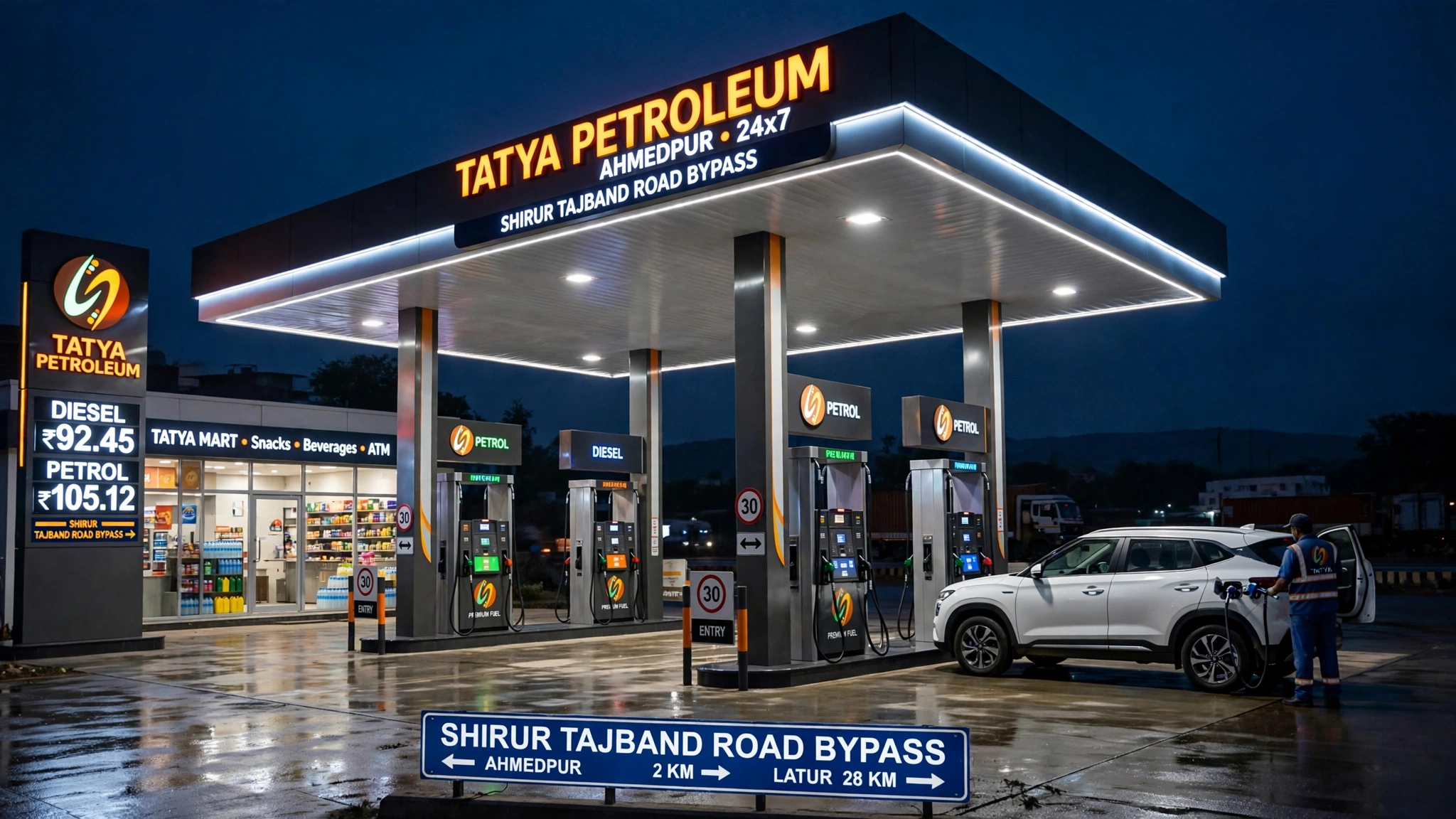 Tatya Petroleum Ahmedpur fuel station at night with illuminated canopy, fuel dispensers and a car refuelling — best petrol pump in Ahmedpur