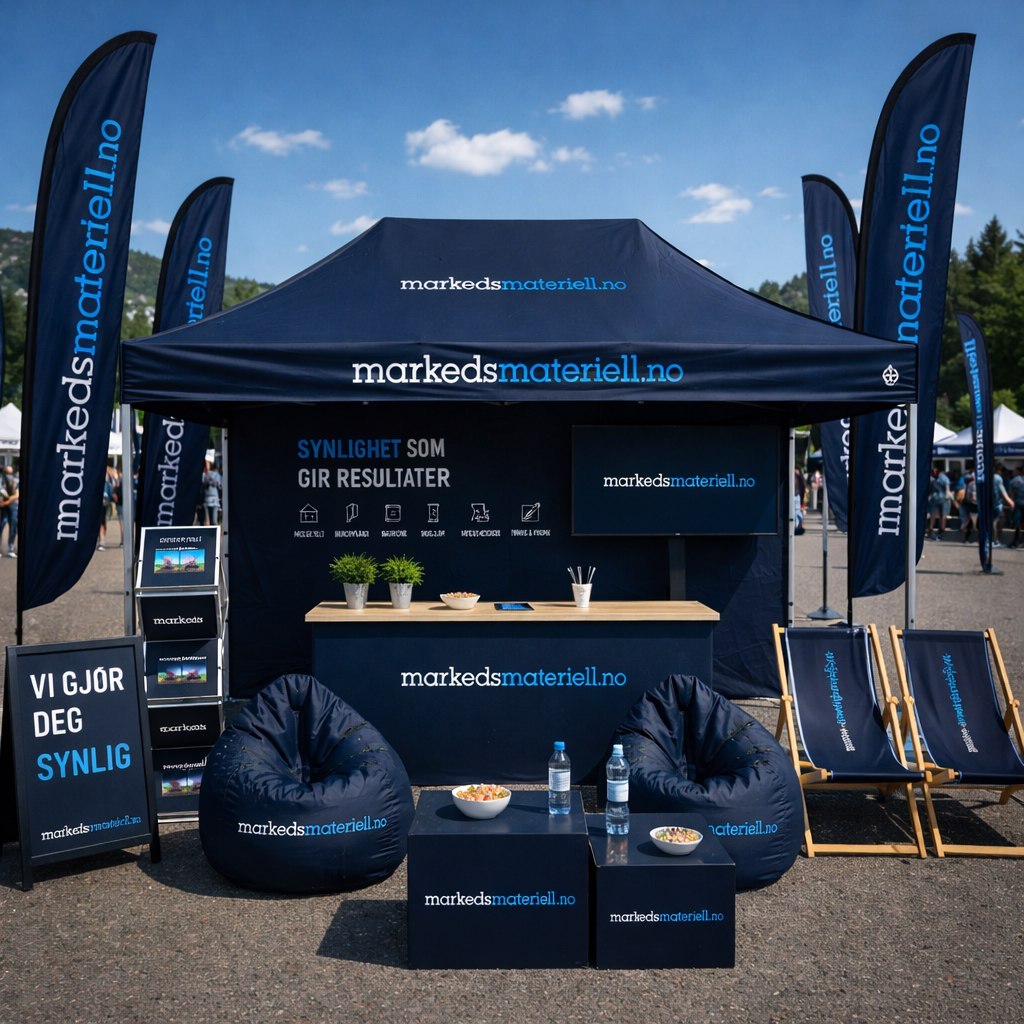 Komplett messetelt fra Markedsmateriell.no med branded sakkosekker og counter