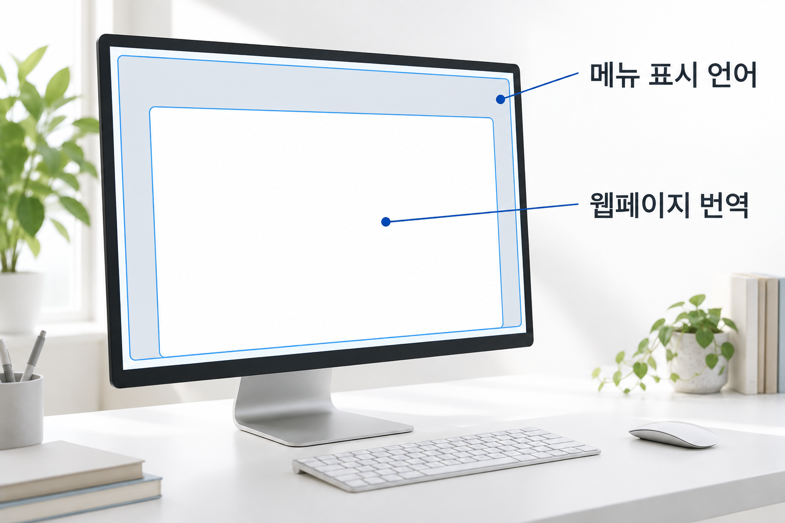 브라우저 메뉴 표시 언어와 웹페이지 본문 번역의 변경 대상을 구분한 설명 장면
