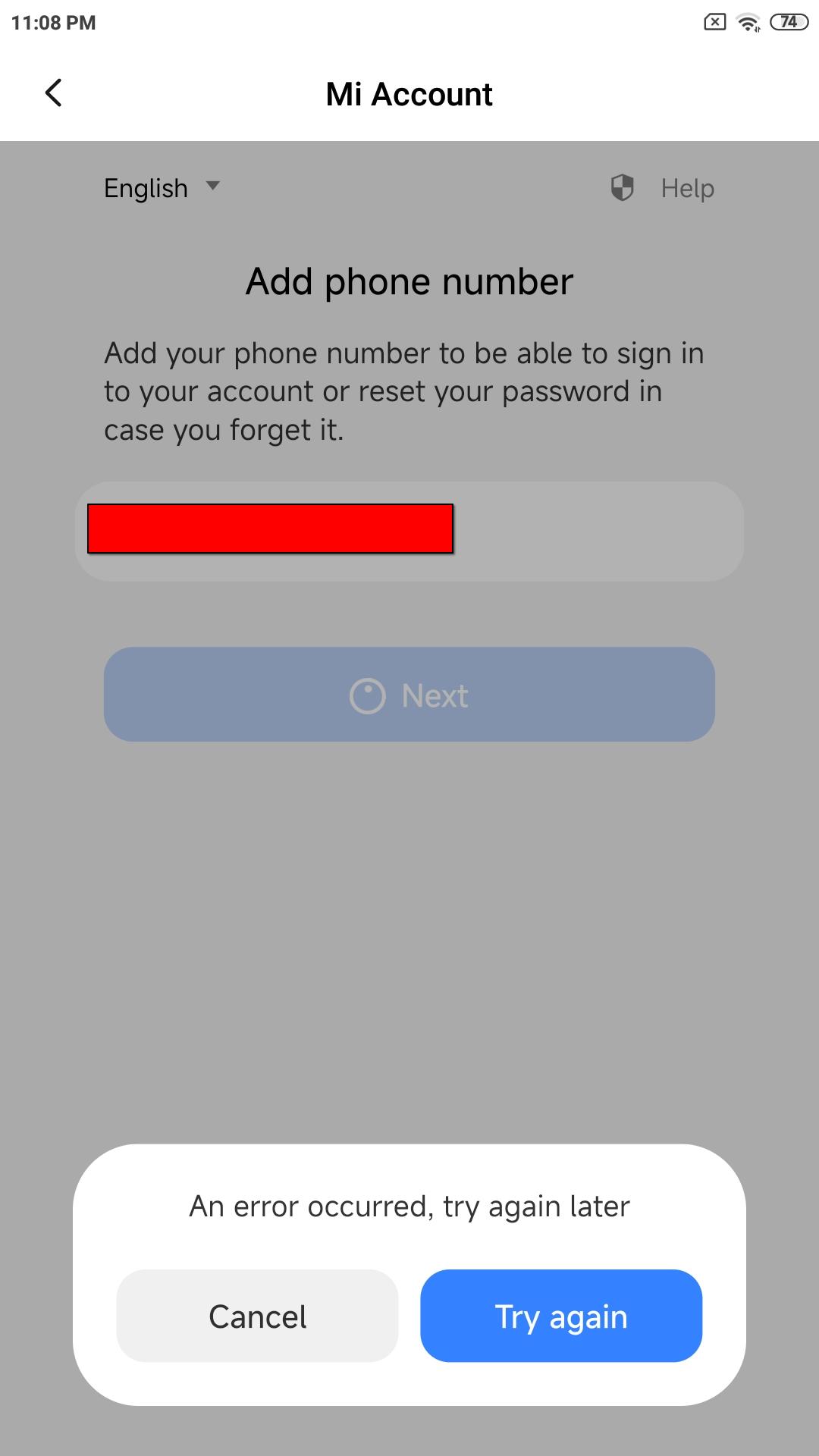 Error when entering phone number