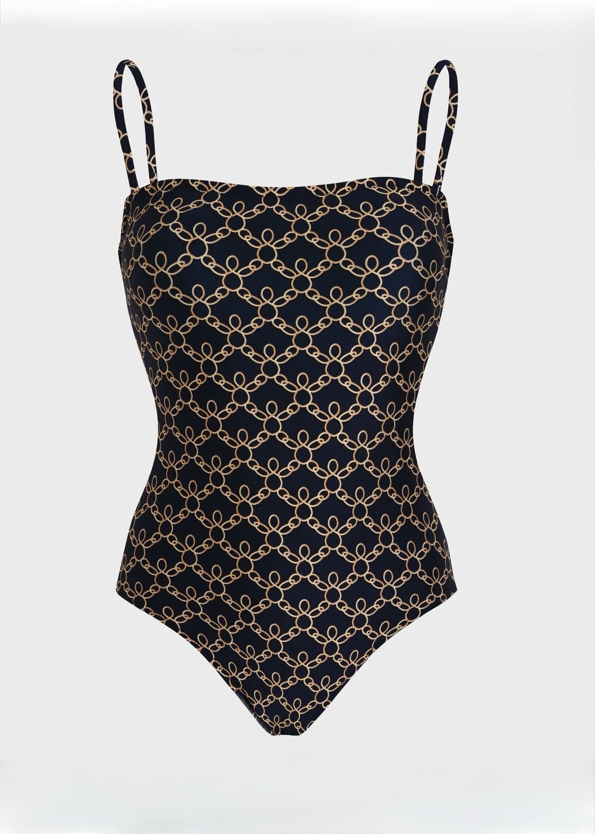 Black Turtles Chain bustier one-piece swimsuit with gold chain print, Vilebrequin