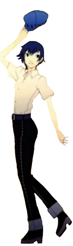 a render of naoto shirogane from official persona 4 art. he is standing with one leg slightly kicked back, and is looking slightly to the right as he raises his hat into the air. part of his left arm is cut off due to how the original piece was drawn.