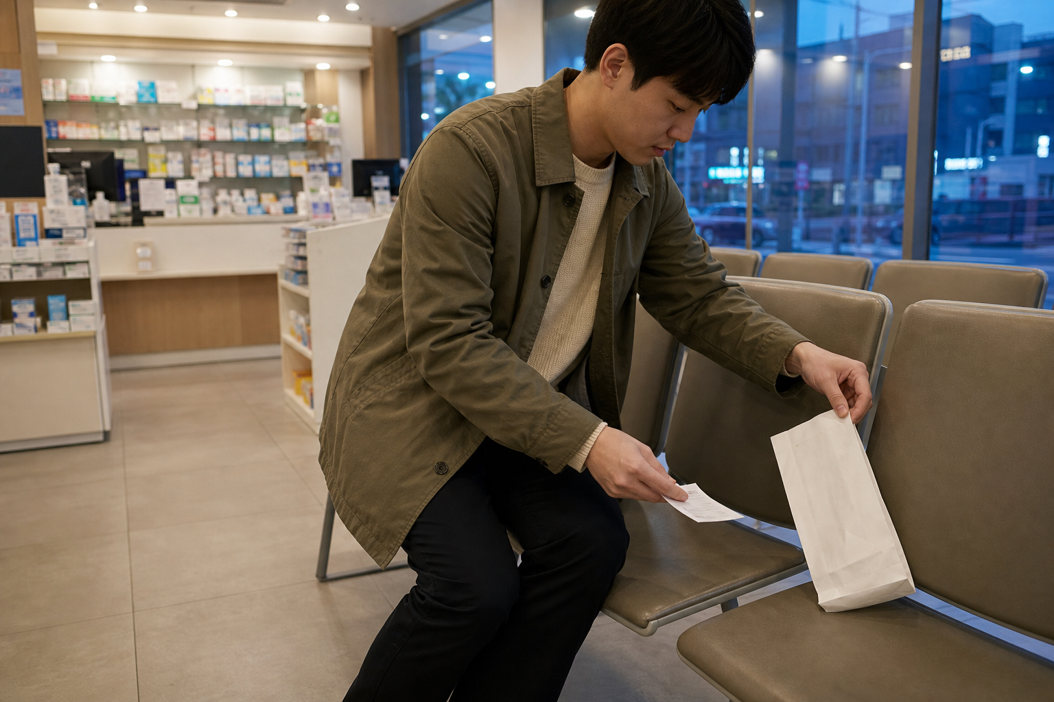 결제 후 진료비 영수증의 전액본인부담과 비급여 항목을 확인하는 장면