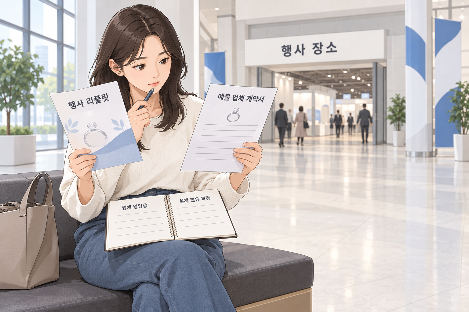 박람회 장소 자료와 예물 업체 계약서를 대조해 계약 장소와 권유 과정을 기록하는 설명 장면