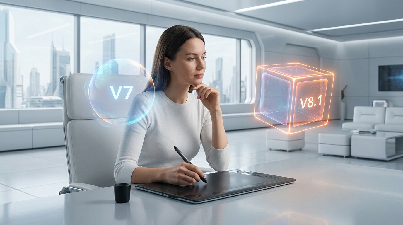 Digital artist choosing between Midjourney V8.1 and V7 models, symbolizing creative choice and flexibility