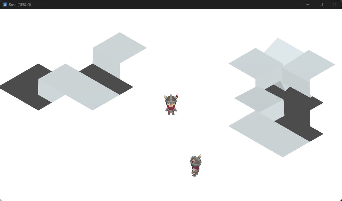 Two viking-like skeletons on a white platform with portions removed from the floor