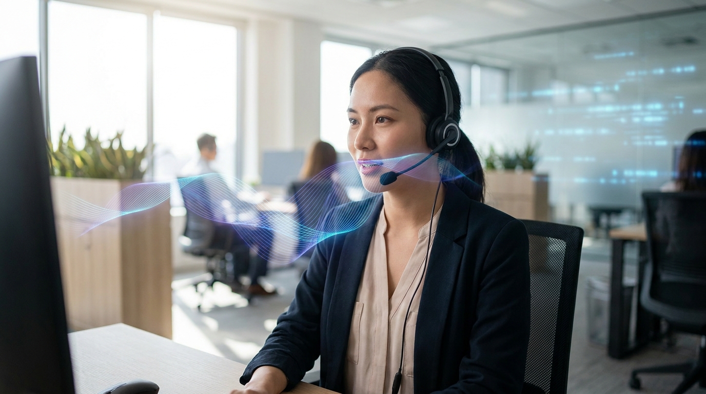 Person speaking into a headset with AI voice technology, symbolizing advanced AI voice quality in communication.