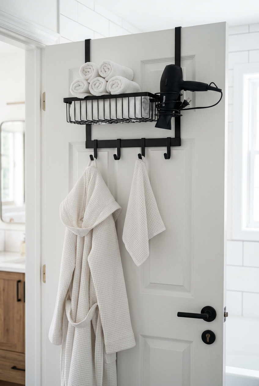 Matte black over the door towel rack and styling tool organizer on bathroom door