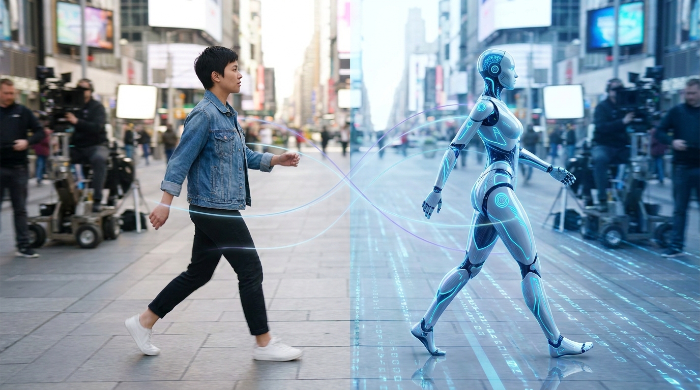 A visual representation of Luma AI's Seedance 2.5 character replacement feature, showing an original actor next to a new AI-generated character performing the same actions.
