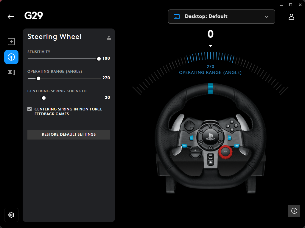 Logitech G29 settings: Sensitivity 100, operating range 270 degrees, centering spring strength 20