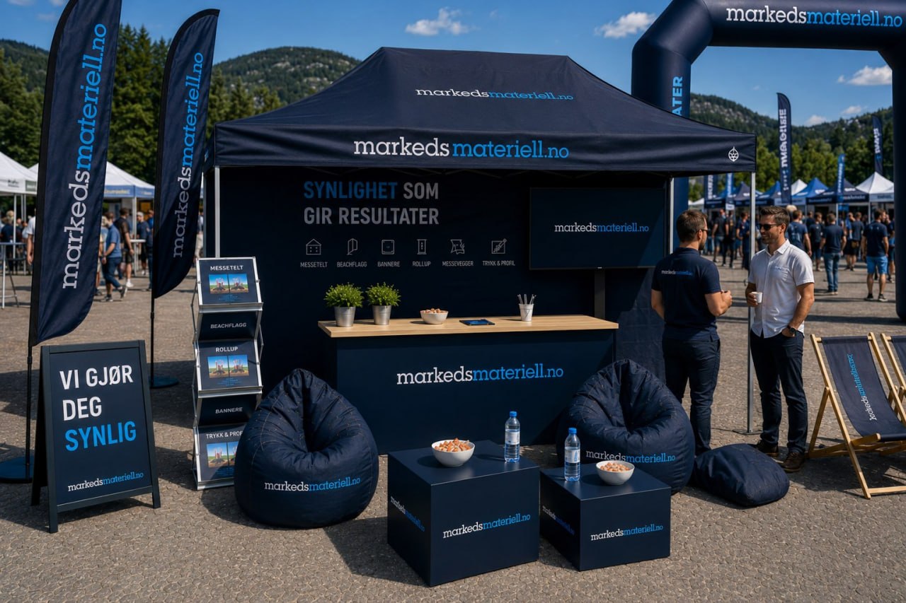 Komplett markedsmateriell.no stand med messetelt, counter og beachflagg på norsk festival - folk slapper av