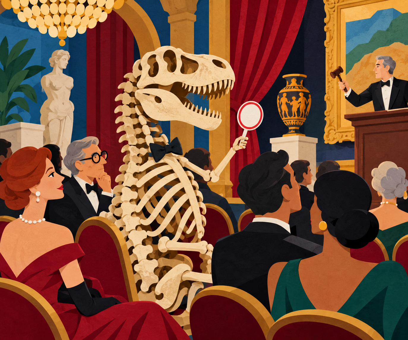 A fictional dinosaur skeleton raises a paddle at an auction