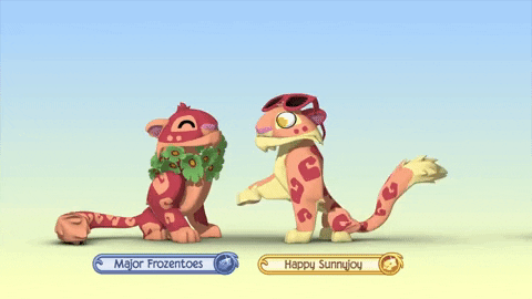 A gif of a pair of Animal Jam snow leopards. The one on the left is "Major Frozentoes", who is red with an orange underbelly and spots and has a green Lei around its neck. The one on the right is "Happy Sunnyjoy", who is mostly light orange with red spots and a light yellow underbelly, and has a red pair of Sunglasses resting on its forehead. Happy Sunnyjoy is grinning and pulls Major Frozentoes towards itself, and Major Frozentoes looks happy as well.