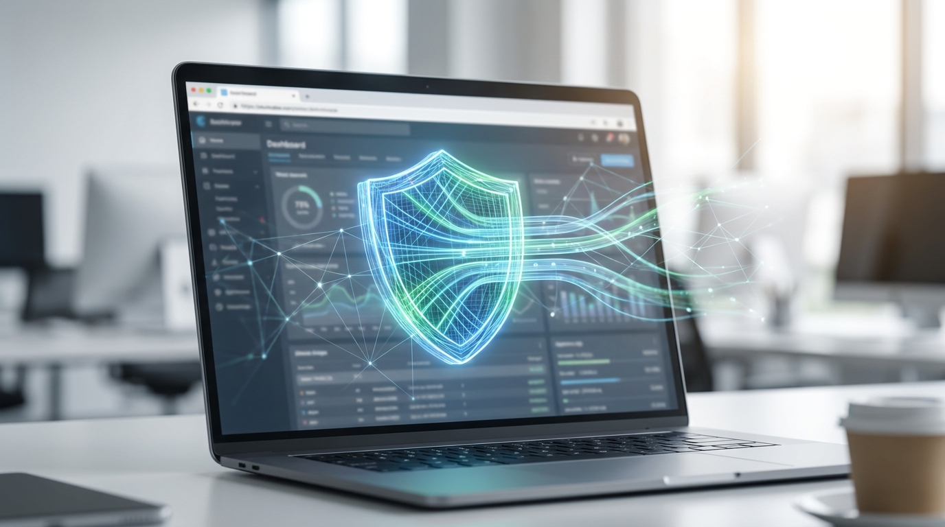 Digital shield over a web interface, symbolizing ST-WebAgentBench and the evaluation of AI agent safety.