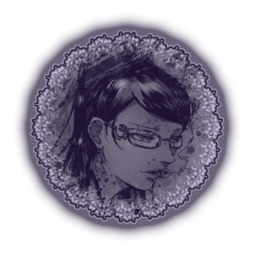 a small circle icon of Bayonetta with a ponytail and glasses slightly looking down and peering at another character in the next icon.