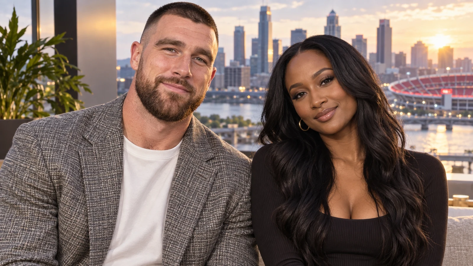 AI editorial composite showing Travis Kelce alongside Kayla Nicole