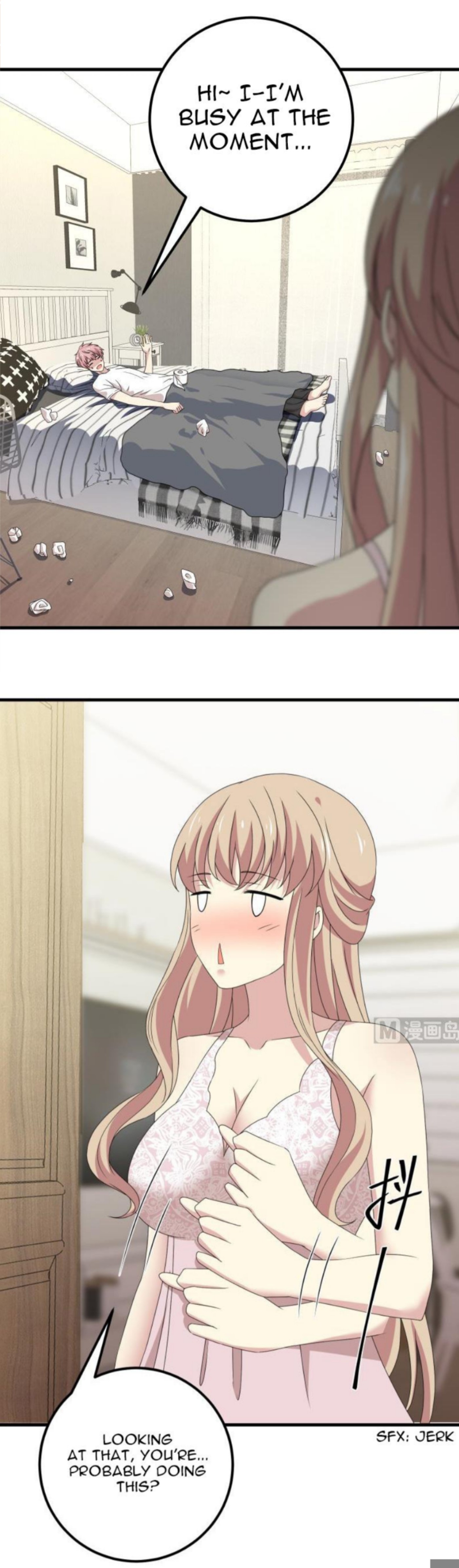 Color Hi I-I'm busy at the moment... Looking at that, you're... probably  doing this? Sfx: Jerk 0_0, 1boy, 1girl, bedroom, blonde hair, clock,  handjob gesture, implied masturbation, lamp, lying inon bed, manhwawebtoon ,