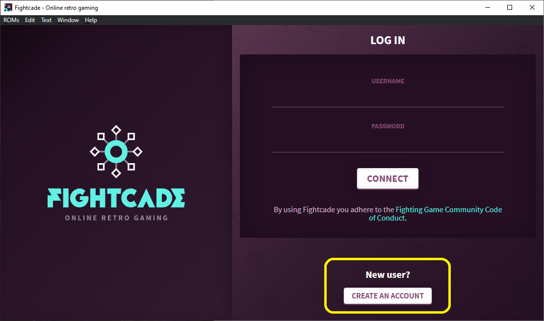 fightcade login screen