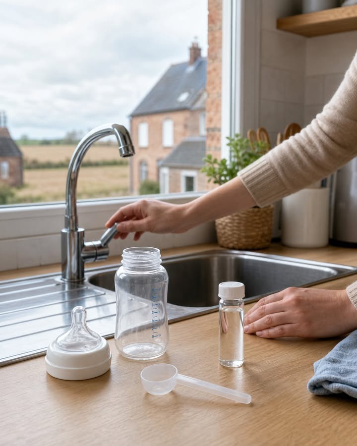 Une main ouvre un robinet de cuisine tandis qu'une autre repose sur le plan de travail près d'un bocal, d'un bouchon et d'une petite fiole.