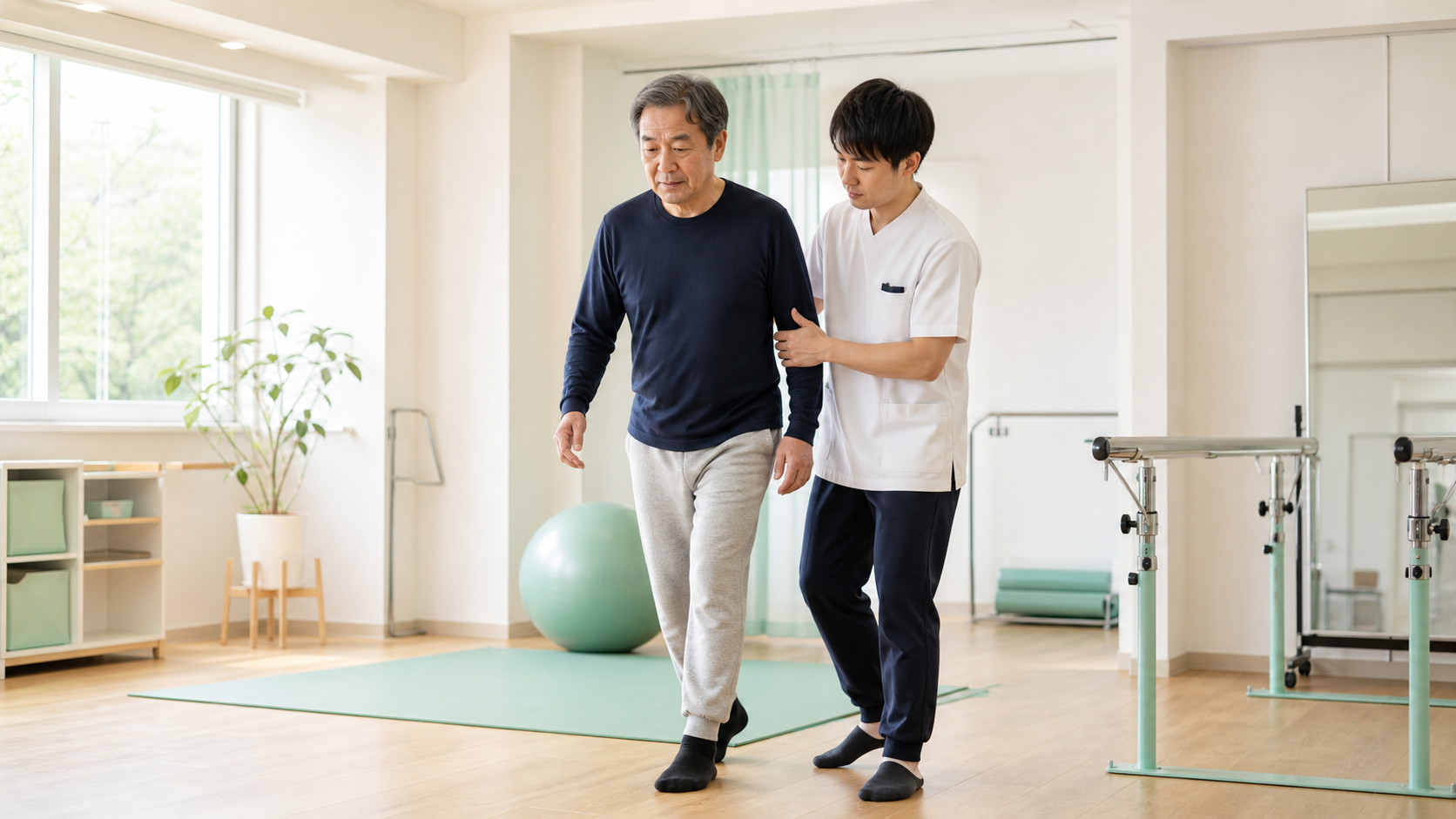 パーキンソン病の方が専門職と歩行やバランスを確認しているリハビリ場面