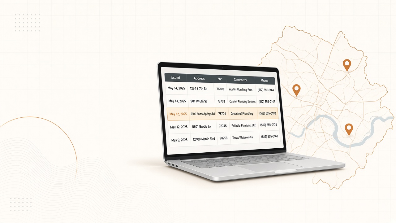 Laptop showing Austin plumbing permit CSV next to a city map