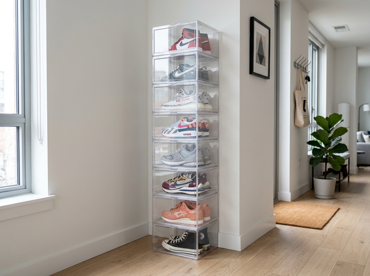 Stackable clear drop front sneaker display boxes
