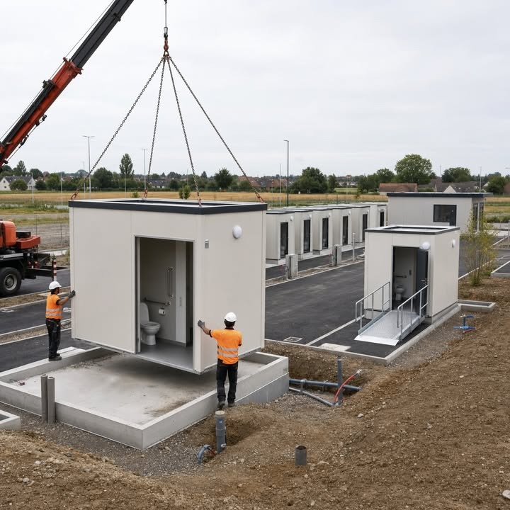 Deux ouvriers en gilets orange et casques blancs guident la pose d'une cabine sanitaire modulaire suspendue par une grue, sur un chantier avec d'autres unités identiques.