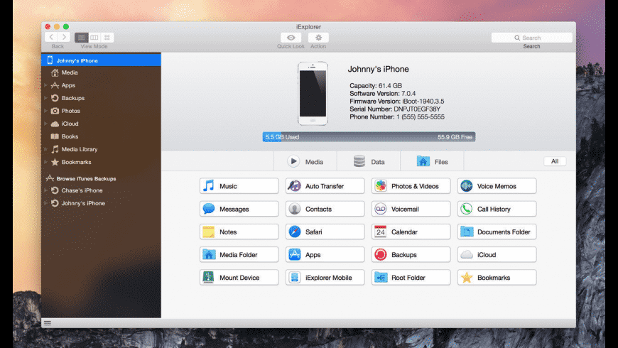 iExplorer Mac — browsing an iPhone file system and transferring media on macOS