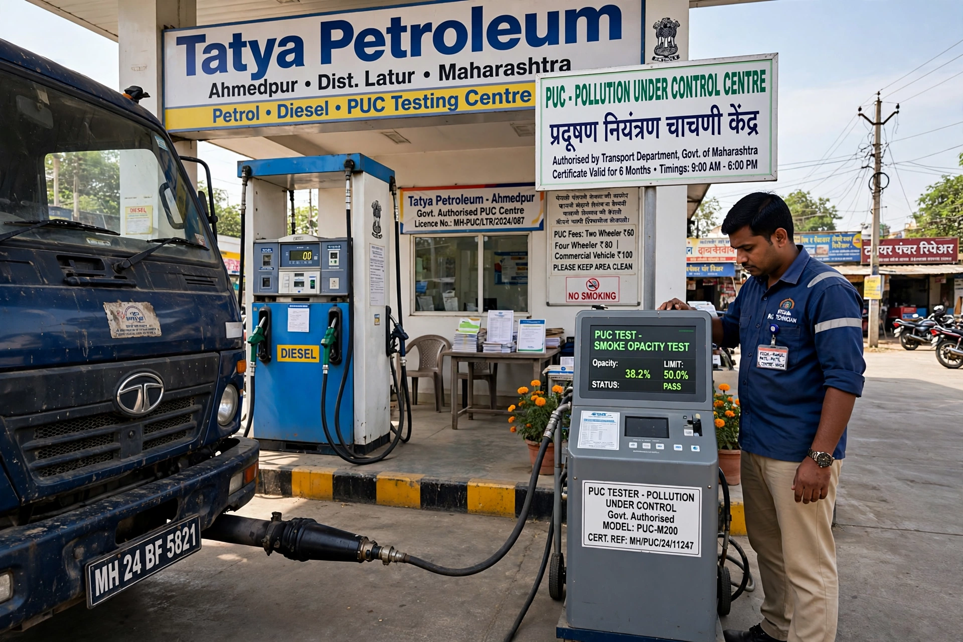 Commercial vehicle at Tatya Petroleum Ahmedpur for PUC emission check