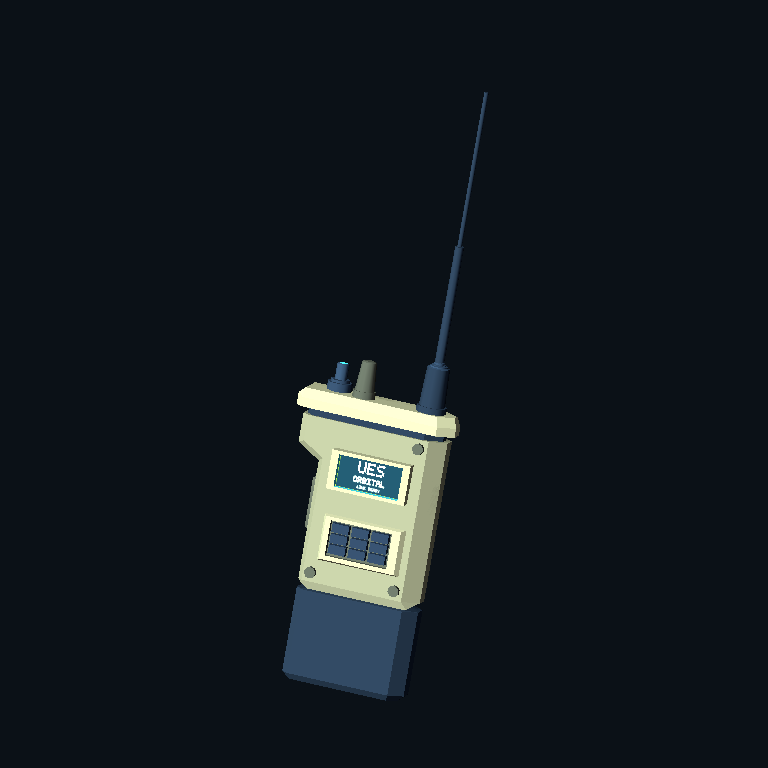 UES Orbital Bombardment targeting radio with ivory housing, navy controls, and a cyan UES screen.