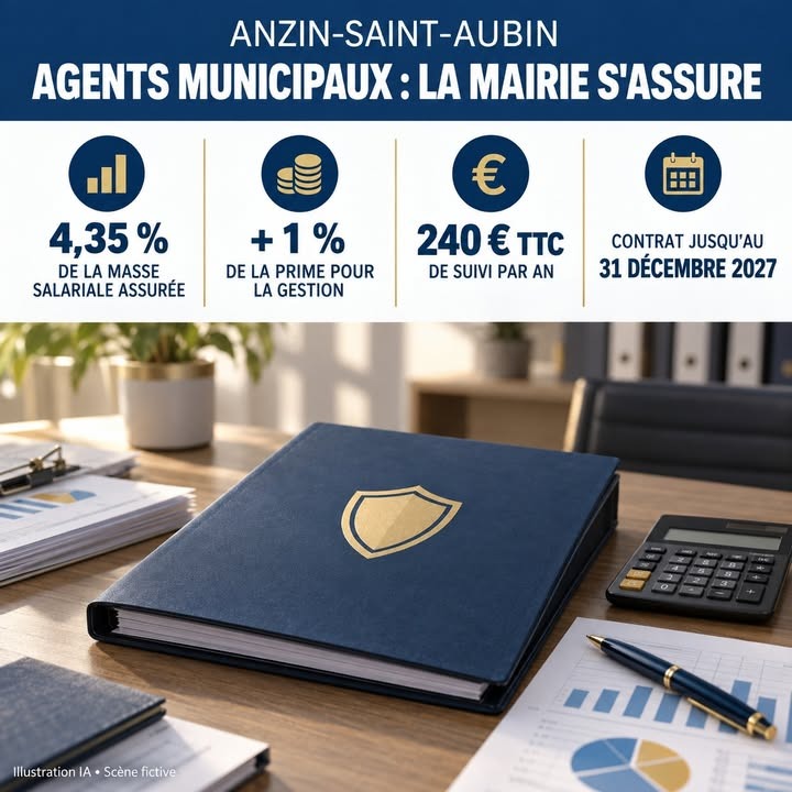Bureau avec livre bleu à blason doré, calculatrice, stylo et documents à graphiques, sous un bandeau de chiffres.