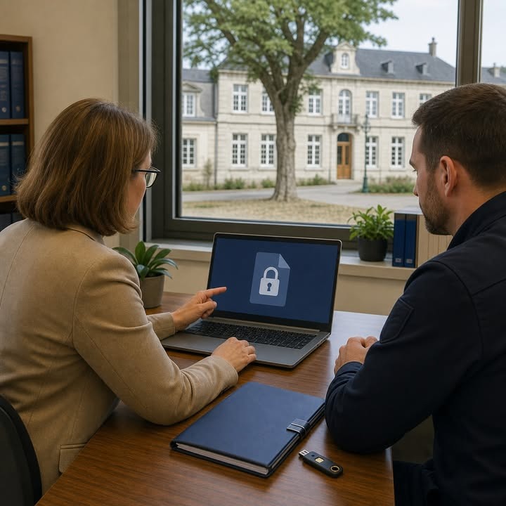 Une femme pointe un ordinateur portable affichant un cadenas, face à un homme, dans un bureau avec vue sur un bâtiment.