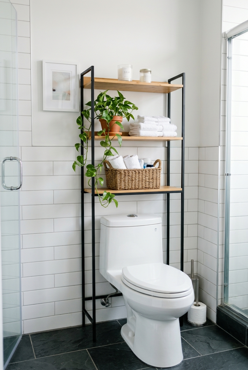 Chic freestanding bamboo and black metal over the toilet storage shelving in small bathroom