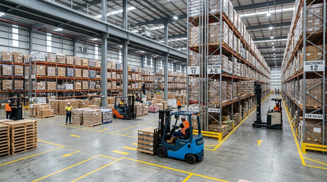 Modern organized warehouse with pallet racking shelving and storage systems overview