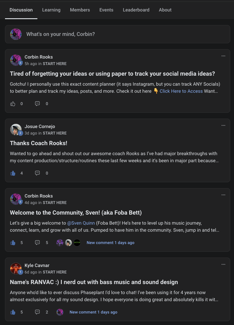 Artist Fast Track community discussion feed with member posts and coaching replies