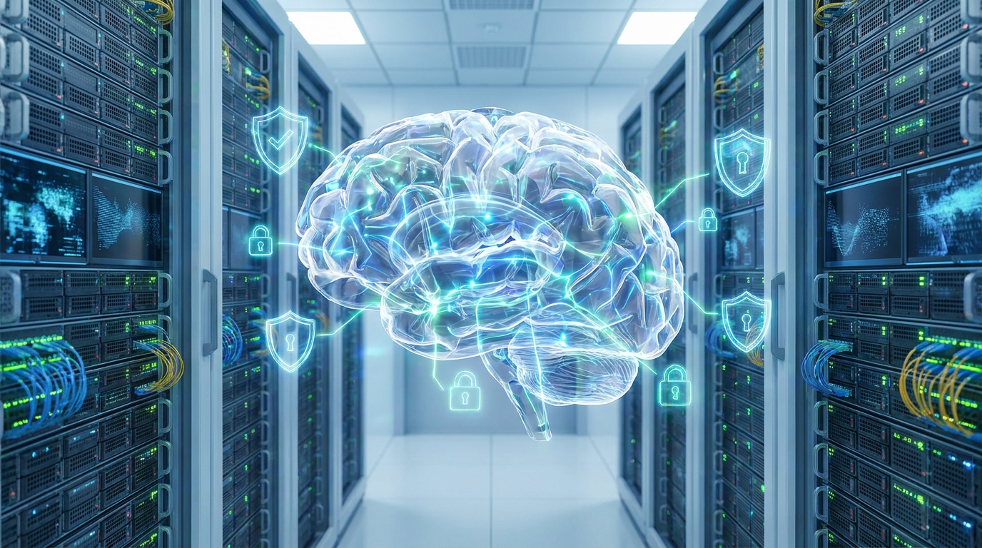MAI-Cyber-1-Flash AI model represented as a glowing digital brain, symbolizing advanced cybersecurity intelligence.