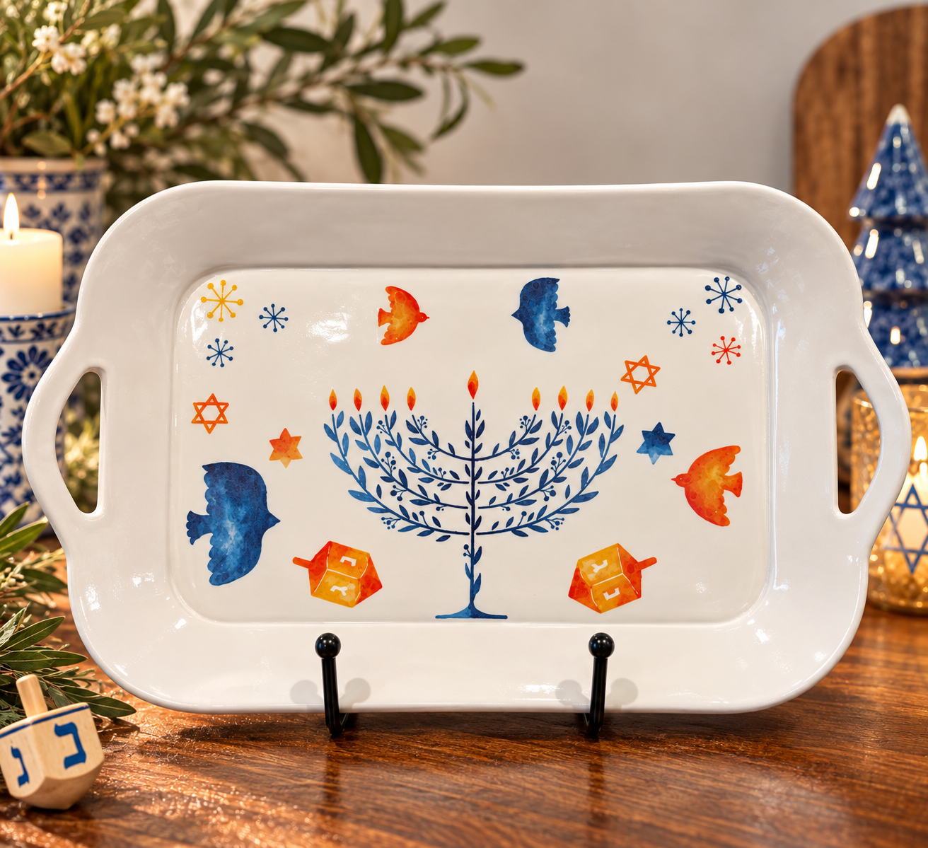 Hand-built tray with a hand-painted menorah design.