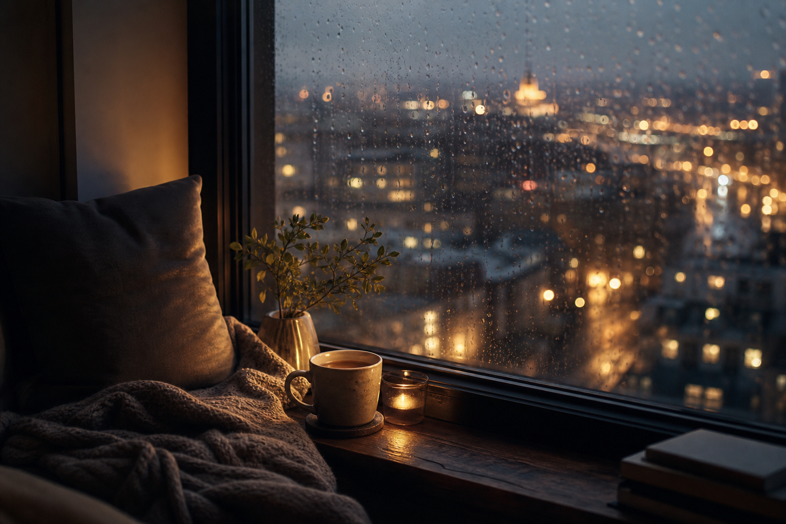 Rainy window seat with a warm mug and soft evening light