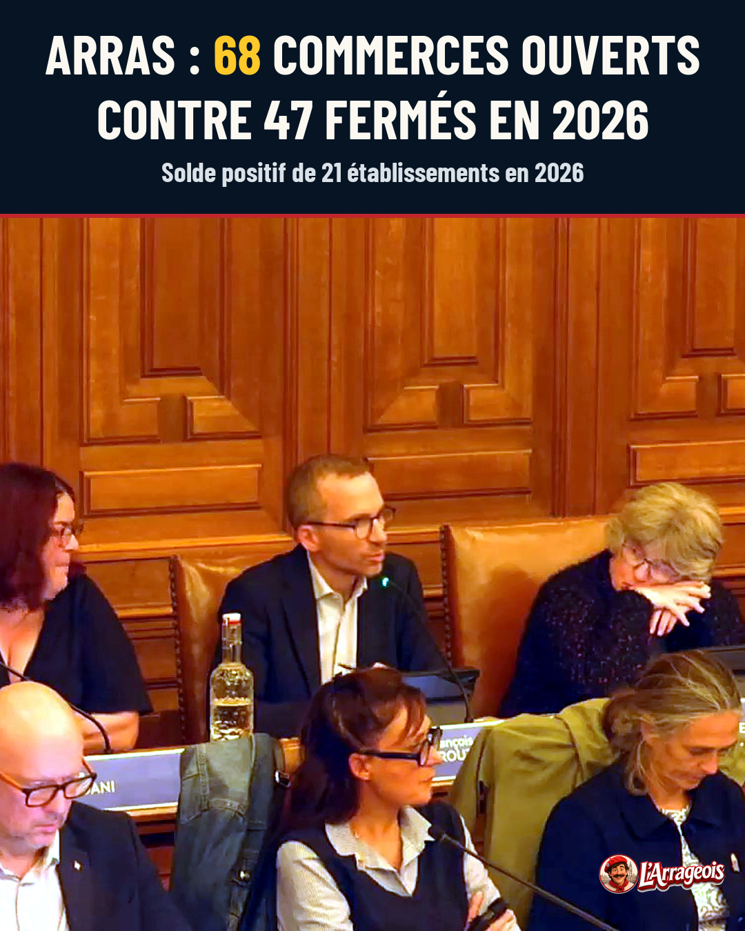 Plusieurs personnes assises dans une salle à parquet boisé, devant des microphones, avec une bouteille d'eau sur la table.