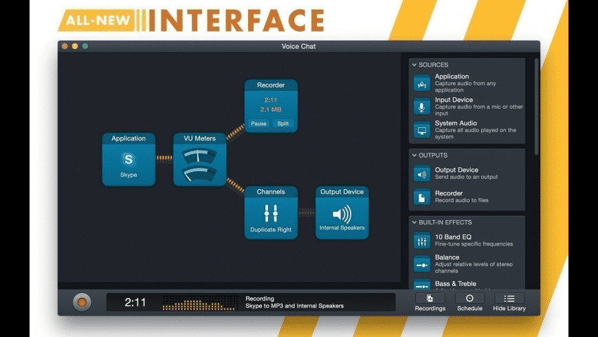 Audio Hijack Mac — session grid showing audio source, effects and recorder blocks
