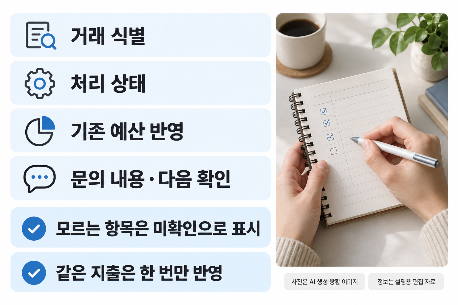 거래별 청구 대기 기록 항목을 네 큰 행으로: 거래 식별 / 처리 상태 / 기존 예산 반영 / 문의 내용·다음 확인. 오른쪽에는 모형 가계부를 확인하는 손 사진. 빈 입력표·화살표·앱UI·가상금액·카드번호 전체 없음. 모르는 항목은 미확인으로 표시하고 같은 지출은 한 번만 반영을 짧게 크게.