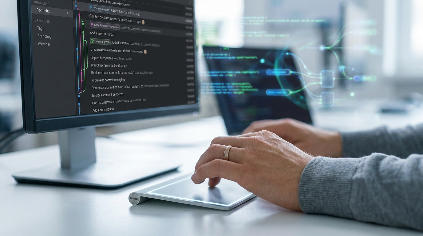 A developer scrolling through a virtualized Git history panel, demonstrating optimized UI performance and responsiveness.