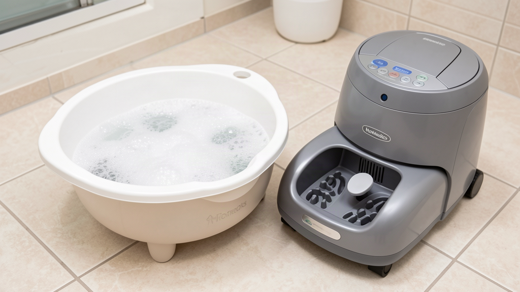 HoMedics foot spa with bubbles and a shiatsu foot massager displayed together