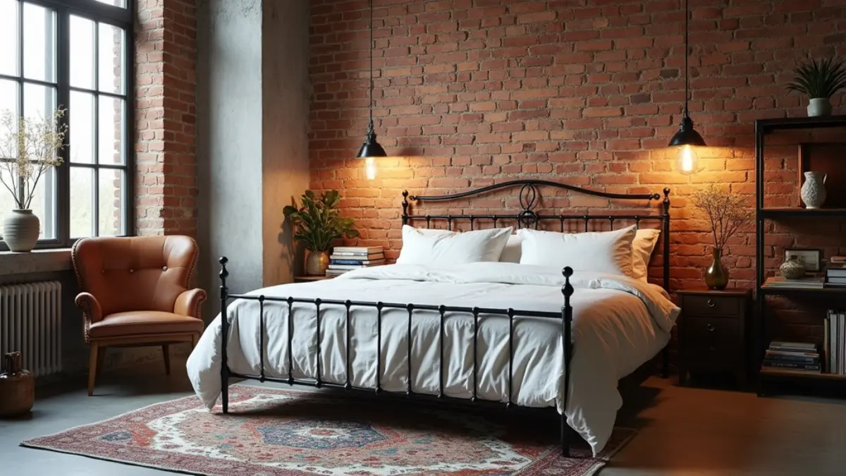 Loft tarzı yatak odası - endüstriyel tuğla duvar ve siyah metal yatak