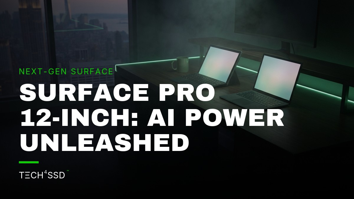 Sleek Microsoft Surface Pro 12-inch and Surface Laptop 13-inch side-by-side, glowing with AI processing power.