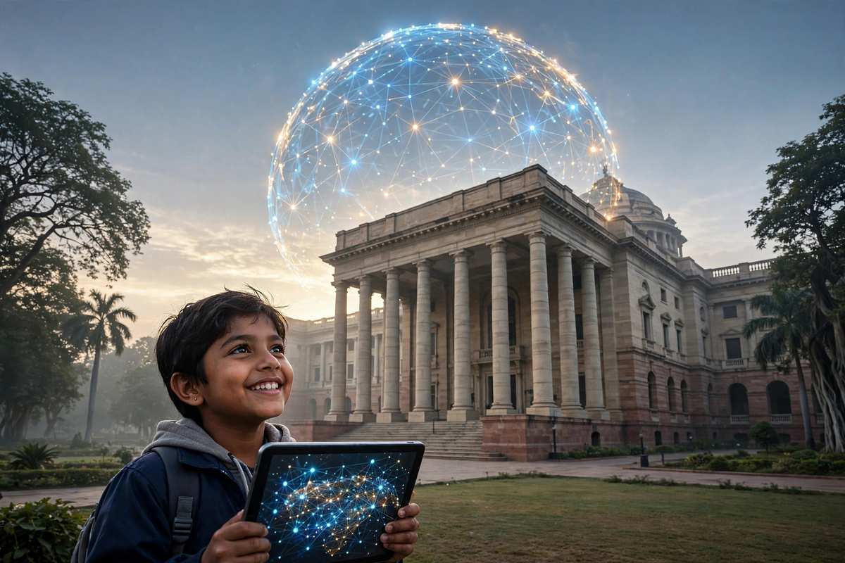 न्यायालय भवन के ऊपर चमकता ग्लोब नेटवर्क और टैबलेट लिए बच्चा