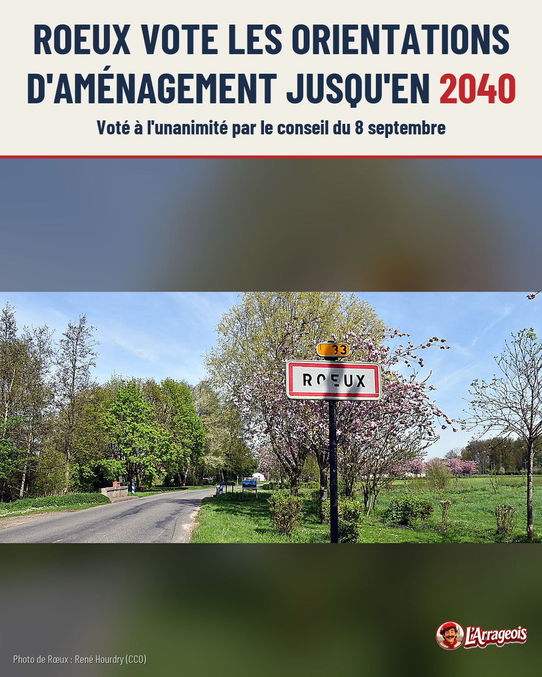Une route de campagne bordée de vergers et d'arbres en fleurs, avec un panneau d'entrée de commune portant l'inscription ROEUX.