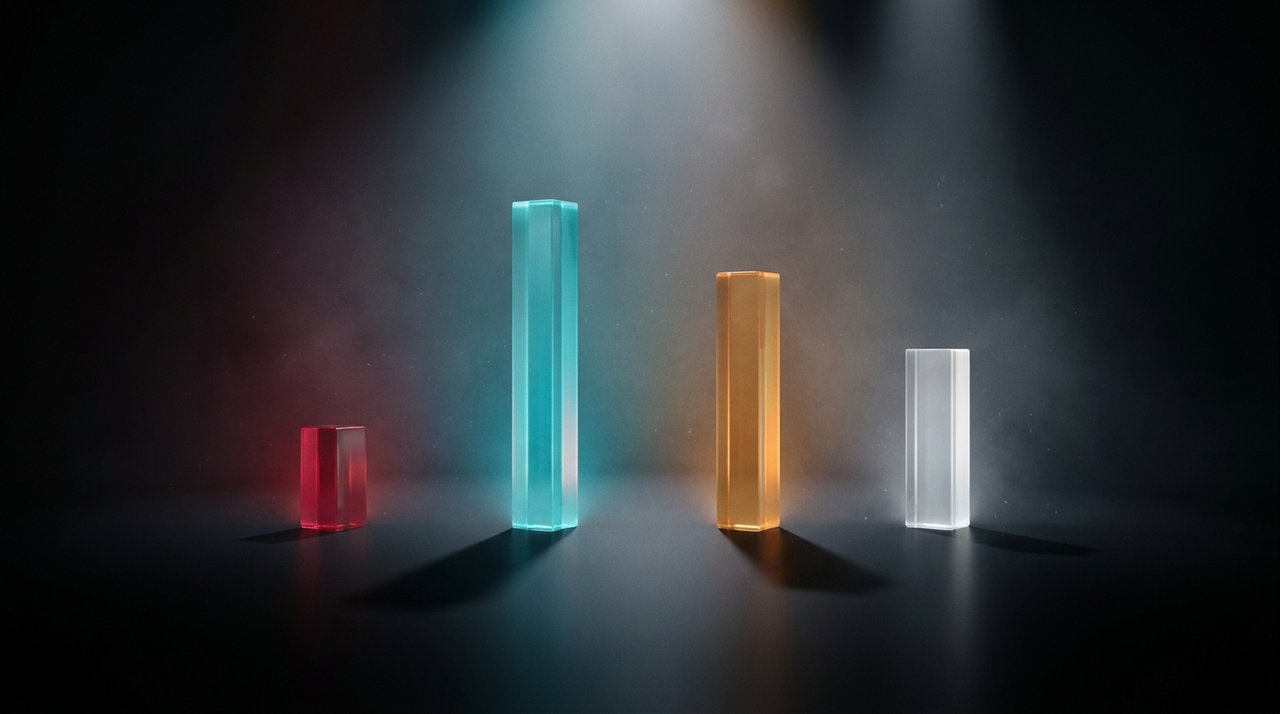 Four glowing translucent bar-chart pillars showing dramatic price drop on the leftmost